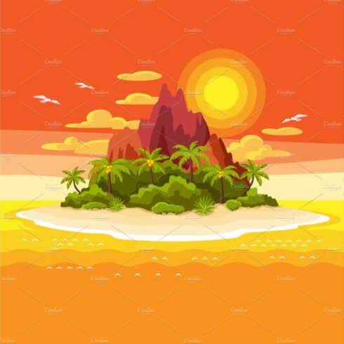 Illustration of tropical island in ocean. Landscape with ocean, palm trees ... cover image.