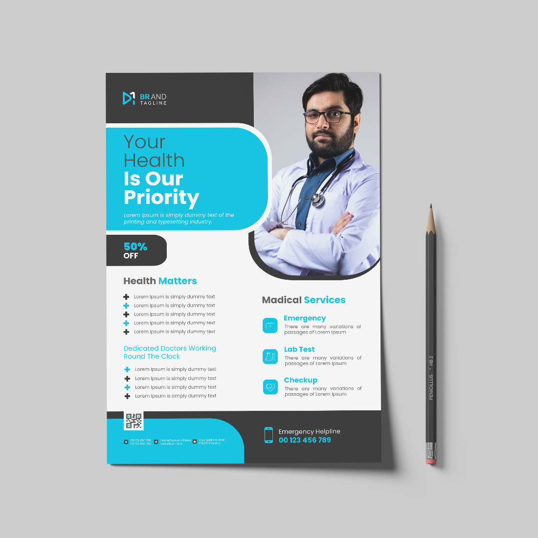 Medical products flyer template with photo cover image.
