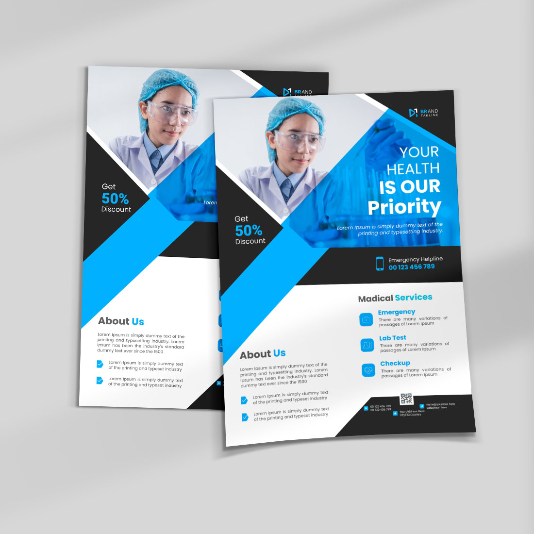 Medical care poster and flyer template design preview image.