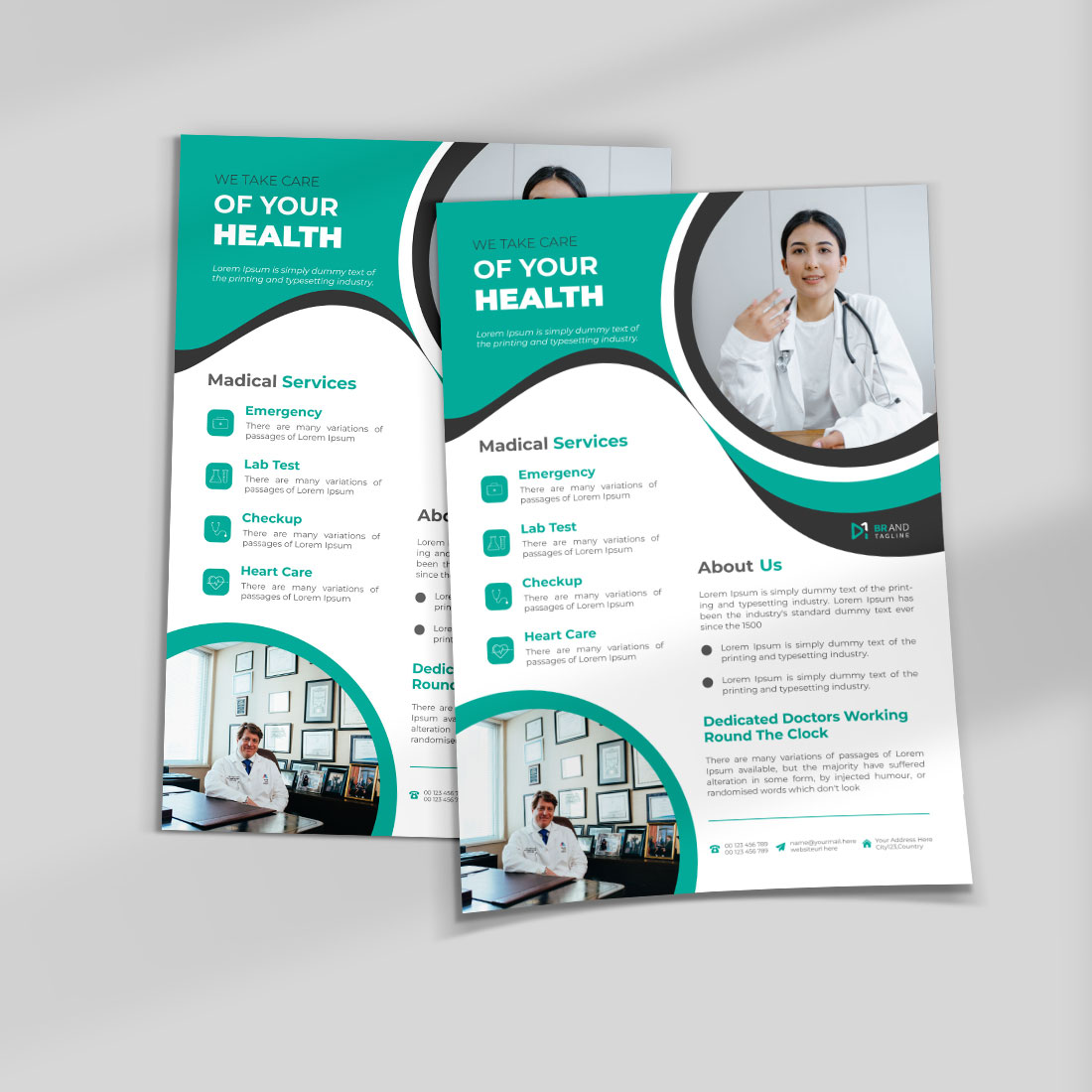 Medical care flyer template design preview image.