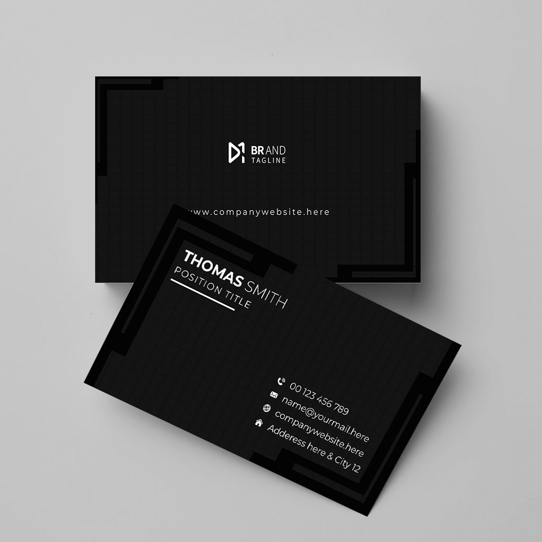 Black business card design template preview image.