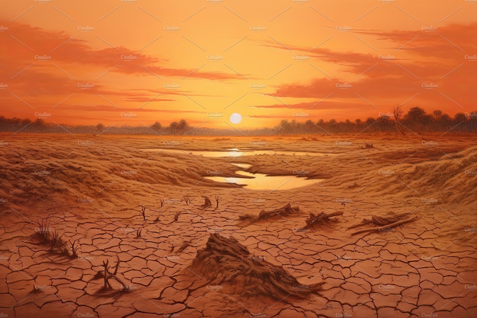 Dry land at sunset, representing drought and lack of water, climate change ... cover image.