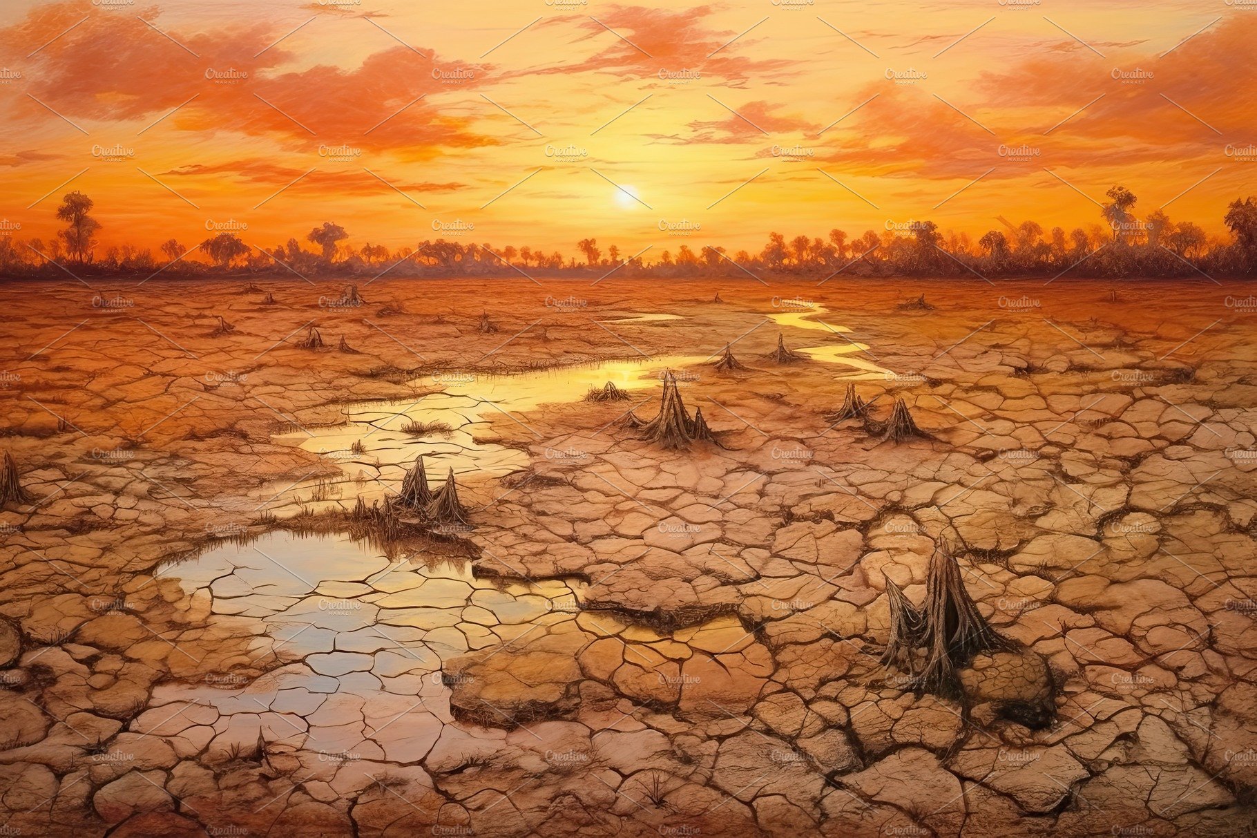 Dry land at sunset, representing drought and lack of water, climate change ... cover image.