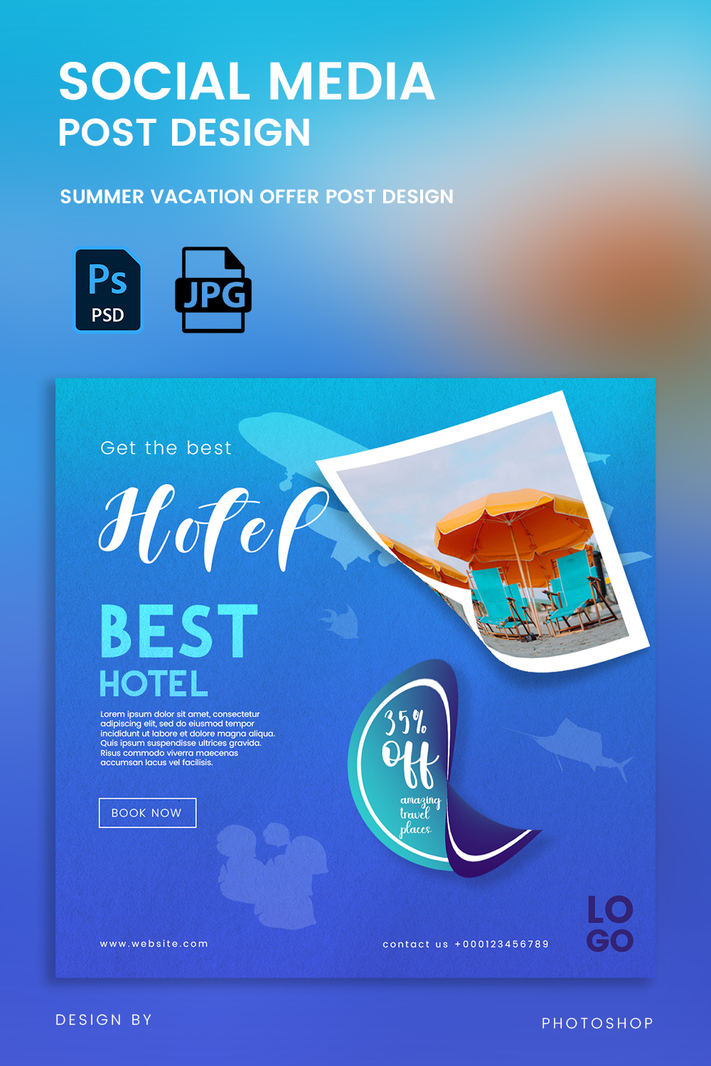Summer Travel Social Media Post Design pinterest preview image.