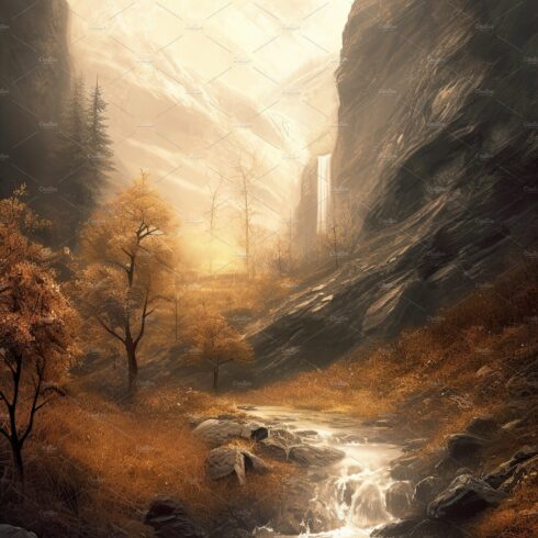 Beautiful vertical landscape with tall mountains, waterfall and a river. Ge... cover image.