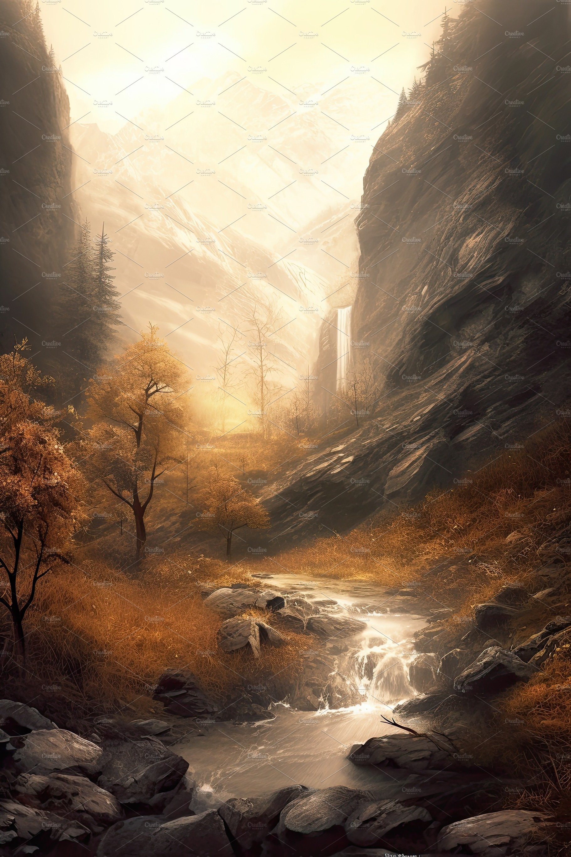 Beautiful vertical landscape with tall mountains, waterfall and a river. Ge... cover image.