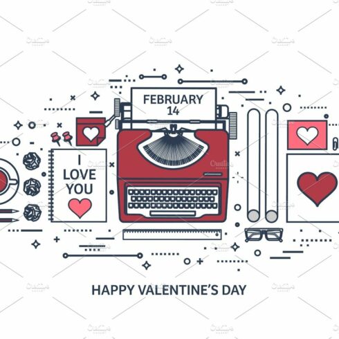 Love and heart. Lined vector illustration. Flat background with typewriter.... cover image.