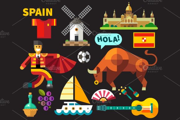 Vector flat Spain icons cover image.