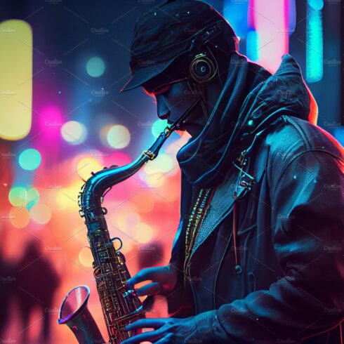 Street musician playing saxophone in the evening street with neon lights ba... cover image.