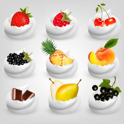 Big collection of fruit in cream cover image.