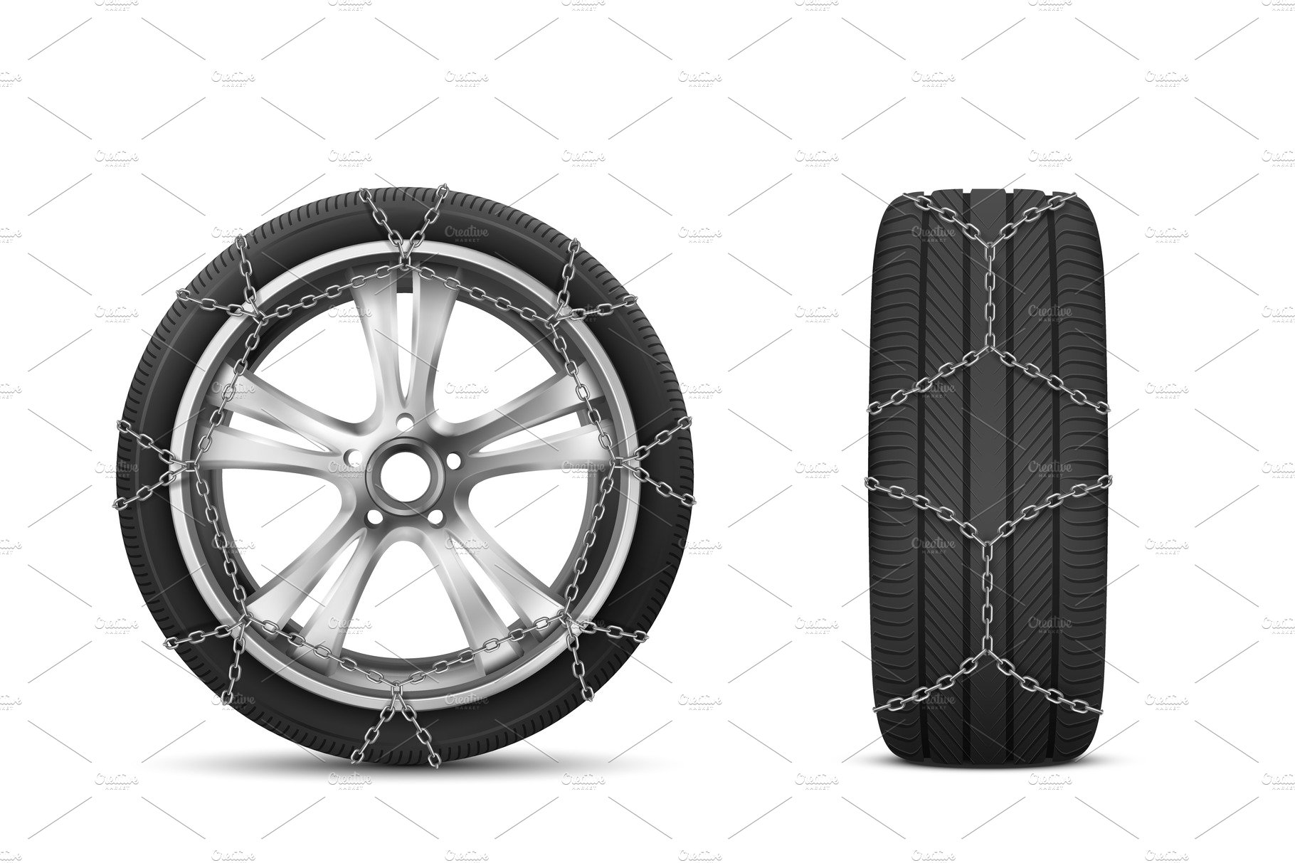 Car tires with snow chains for cover image.