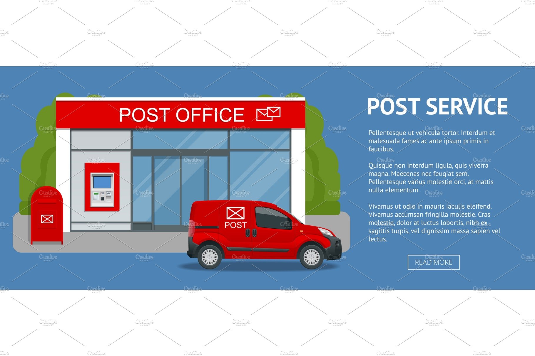 Banner Post office service with postman riding car for delivery. Vector ill... cover image.