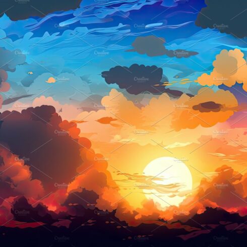 Illustrated sky with clouds, sun, stars, and sunrise or sunset. cover image.