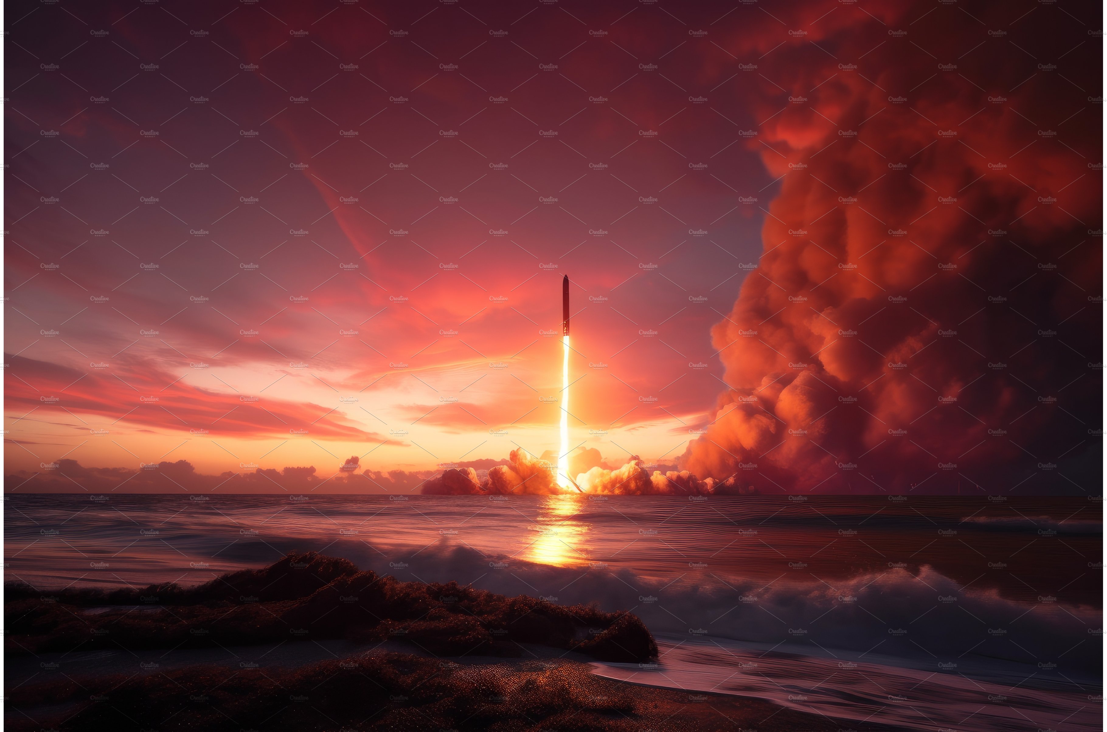 Starship sunset launch. Planet star cover image.