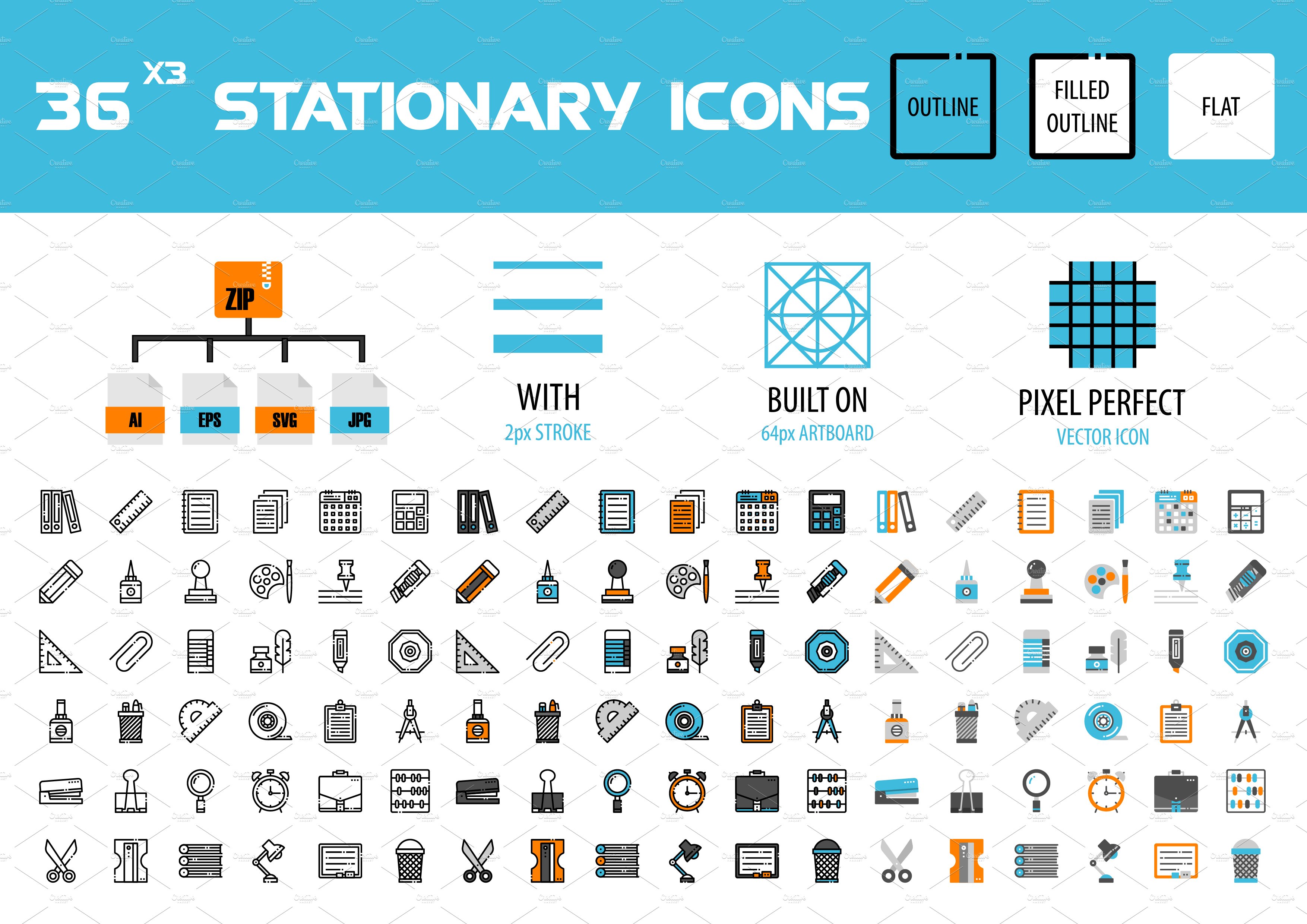 36x3 Stationary icons preview image.