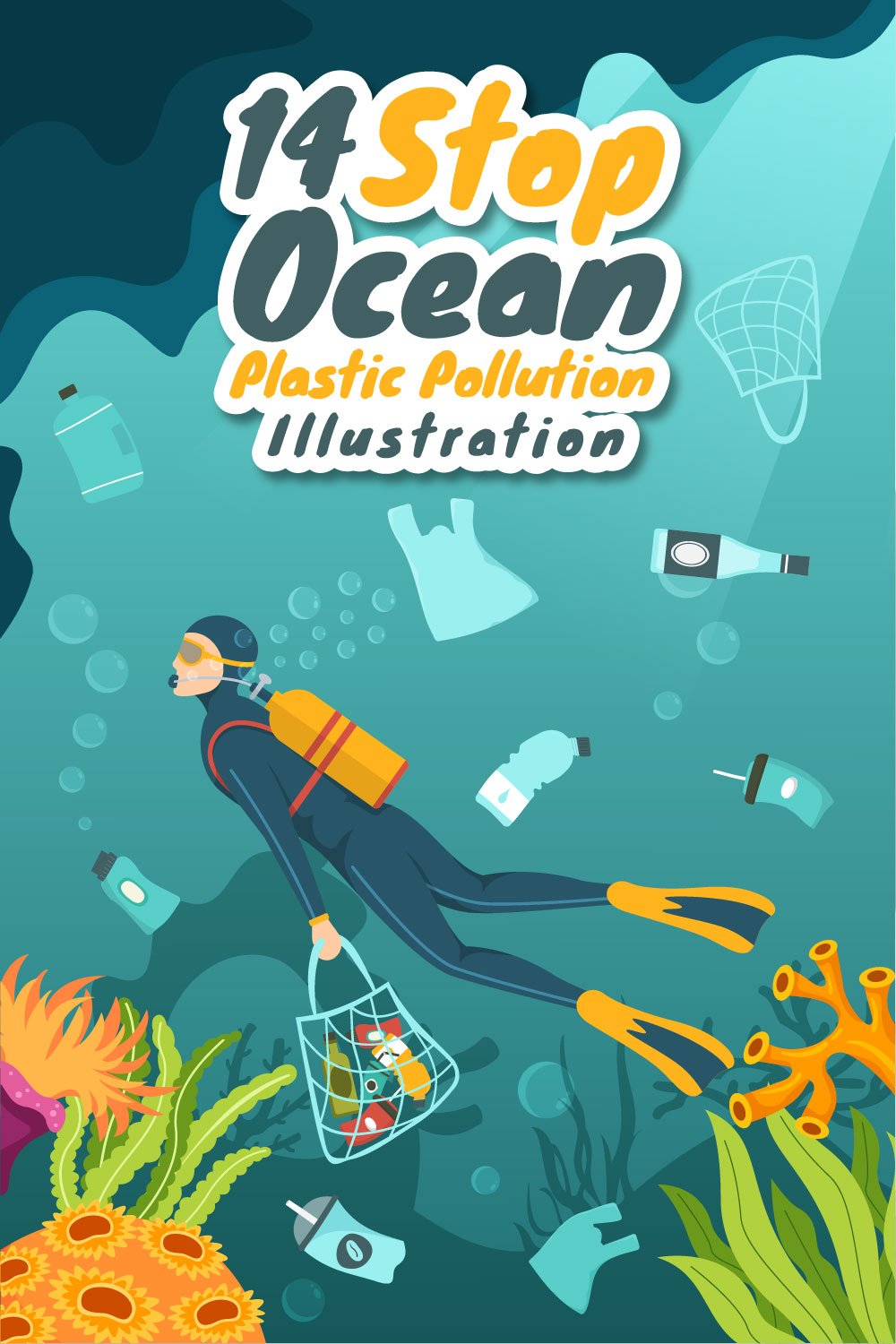 14 Stop Ocean Plastic Pollution Illustration pinterest preview image.
