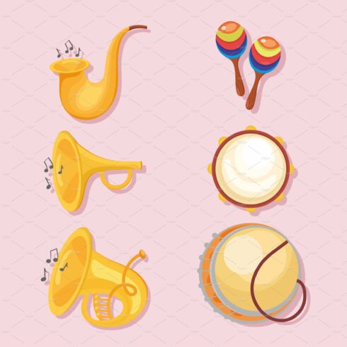 six musical instruments icons cover image.