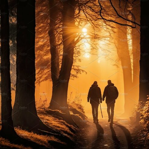 Hiking concept. Couple going walk among the forest in sunny rays, back view... cover image.