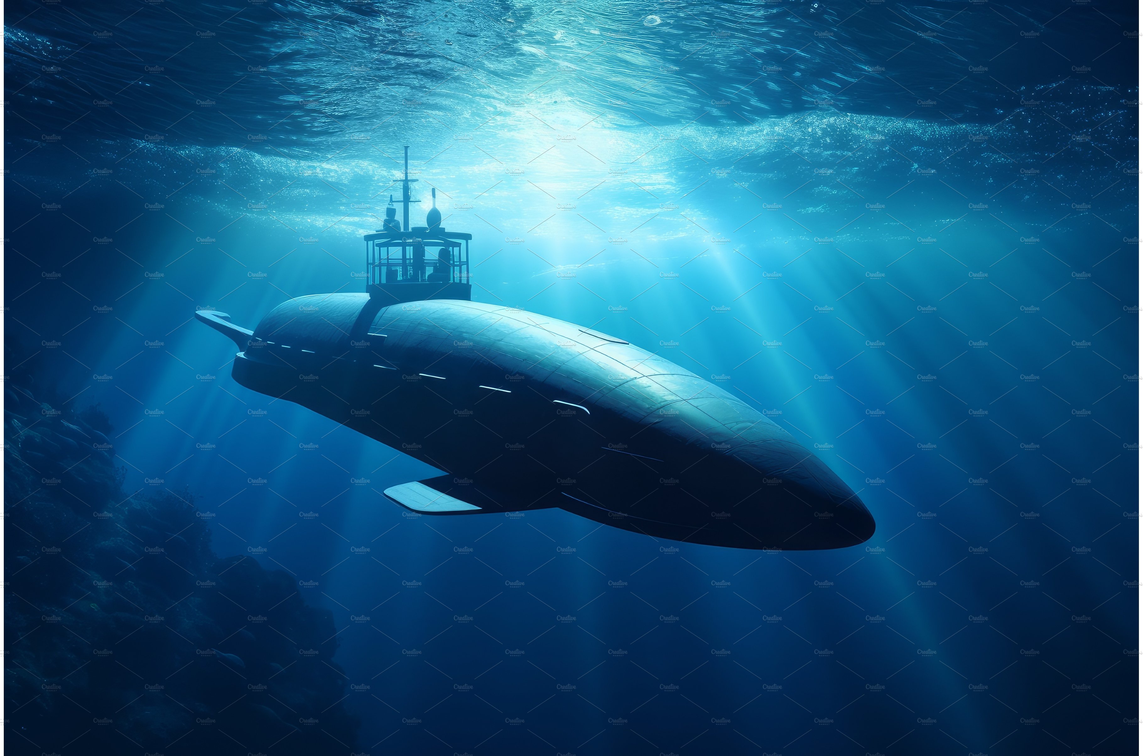 Submarine in blue water. Generate Ai cover image.