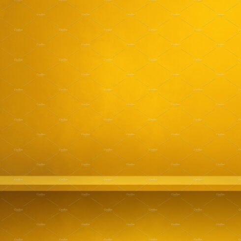 Empty shelf on a yellow wall. Background template. Square banner cover image.