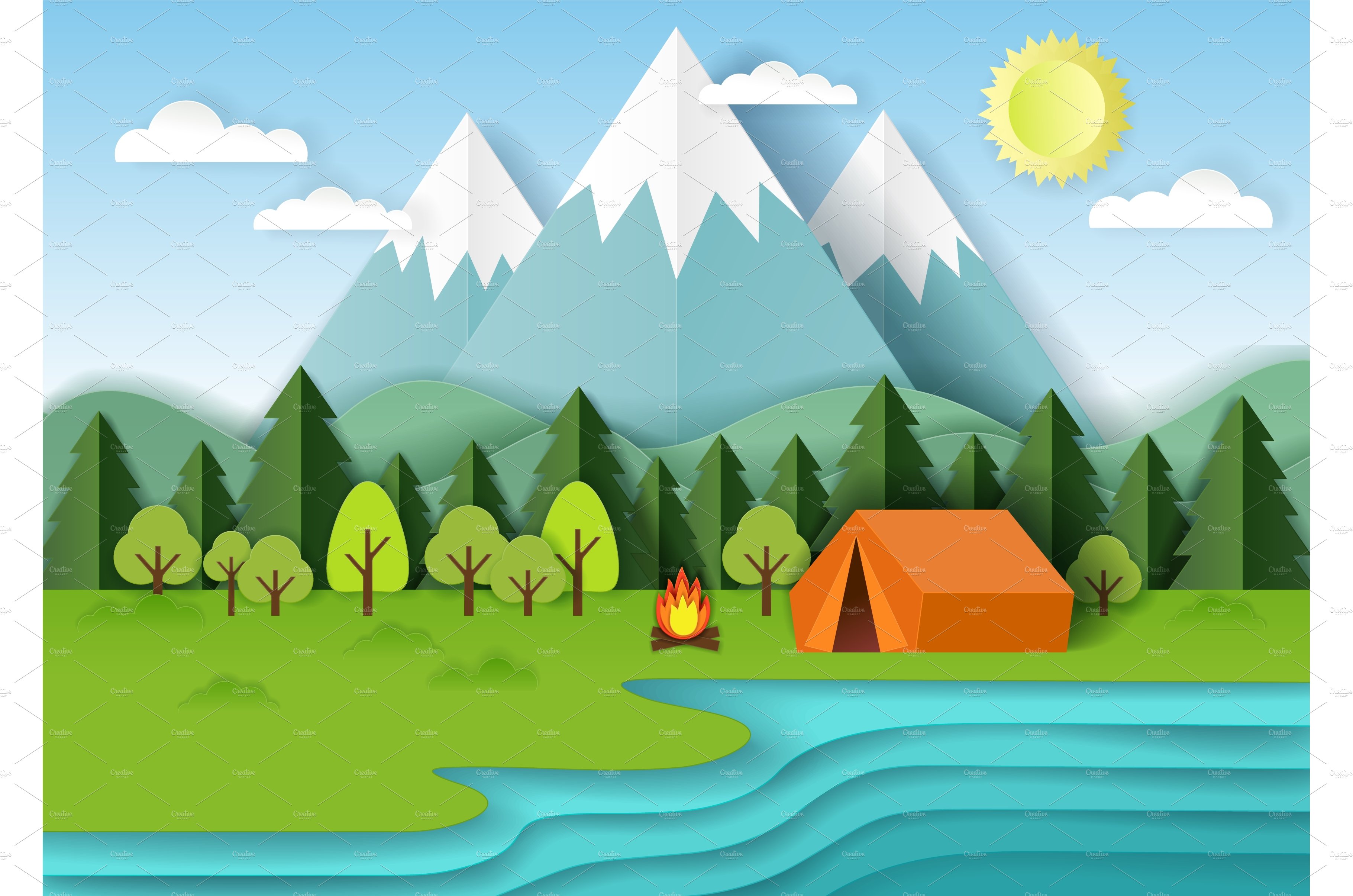 Summer camping vector paper cut cover image.