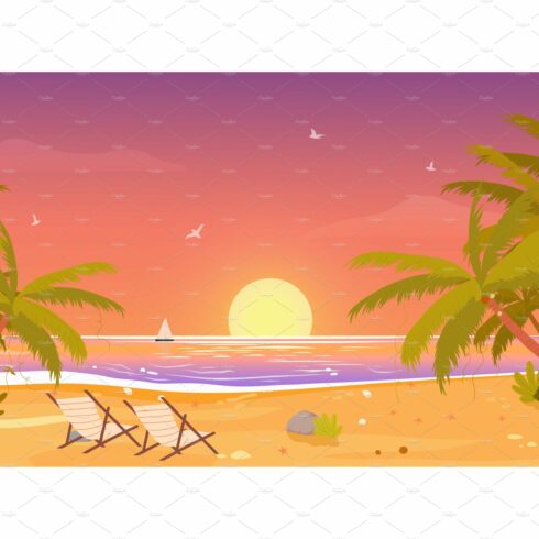 Sunset on tropical beach landscape cover image.