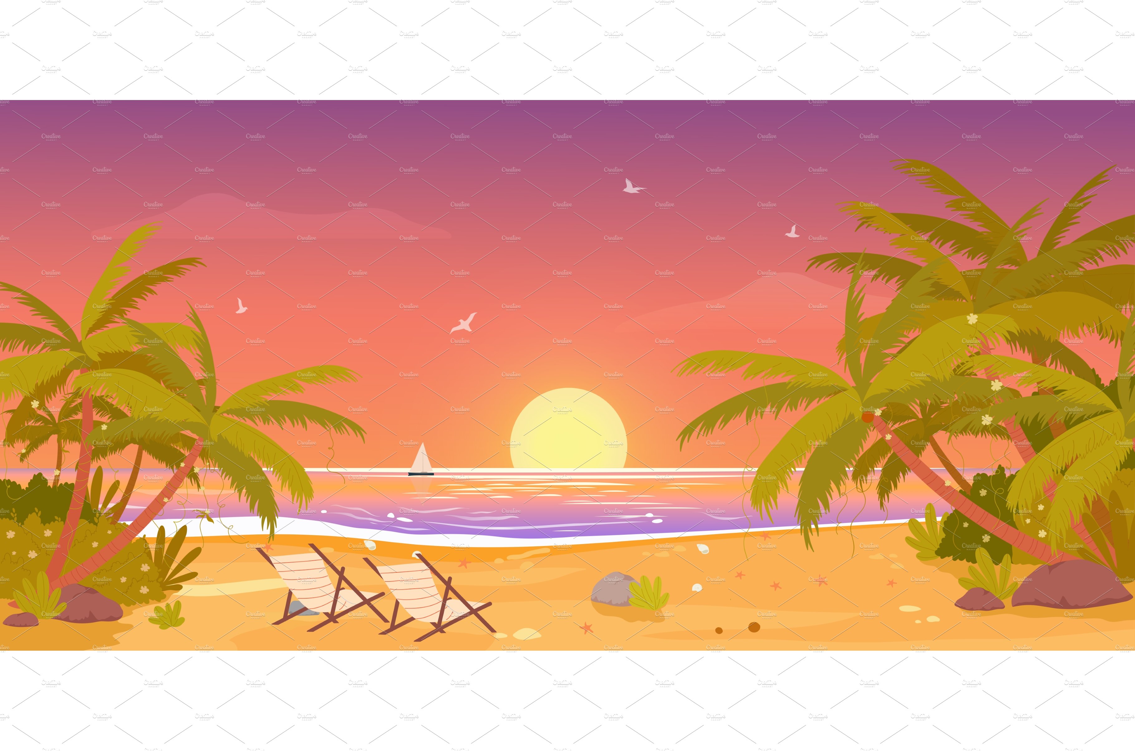 Sunset on tropical beach landscape cover image.