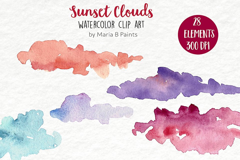 Watercolor Clip Art - Sunset Clouds preview image.