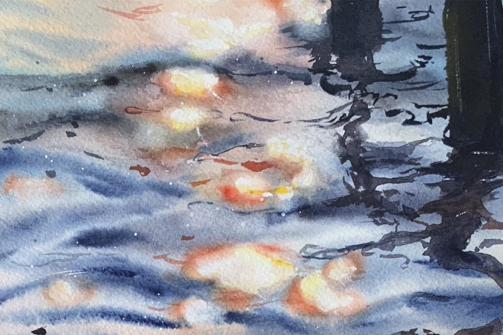 Sunset on the Water Watercolor Print preview image.