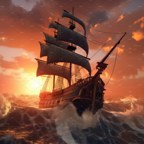 Sunset storm boat. Pirate vessel cover image.