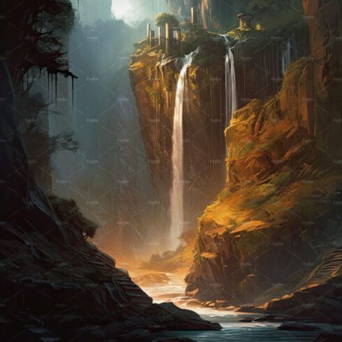 Beautiful vertical landscape with tall mountains, waterfall and a river. Ge... cover image.