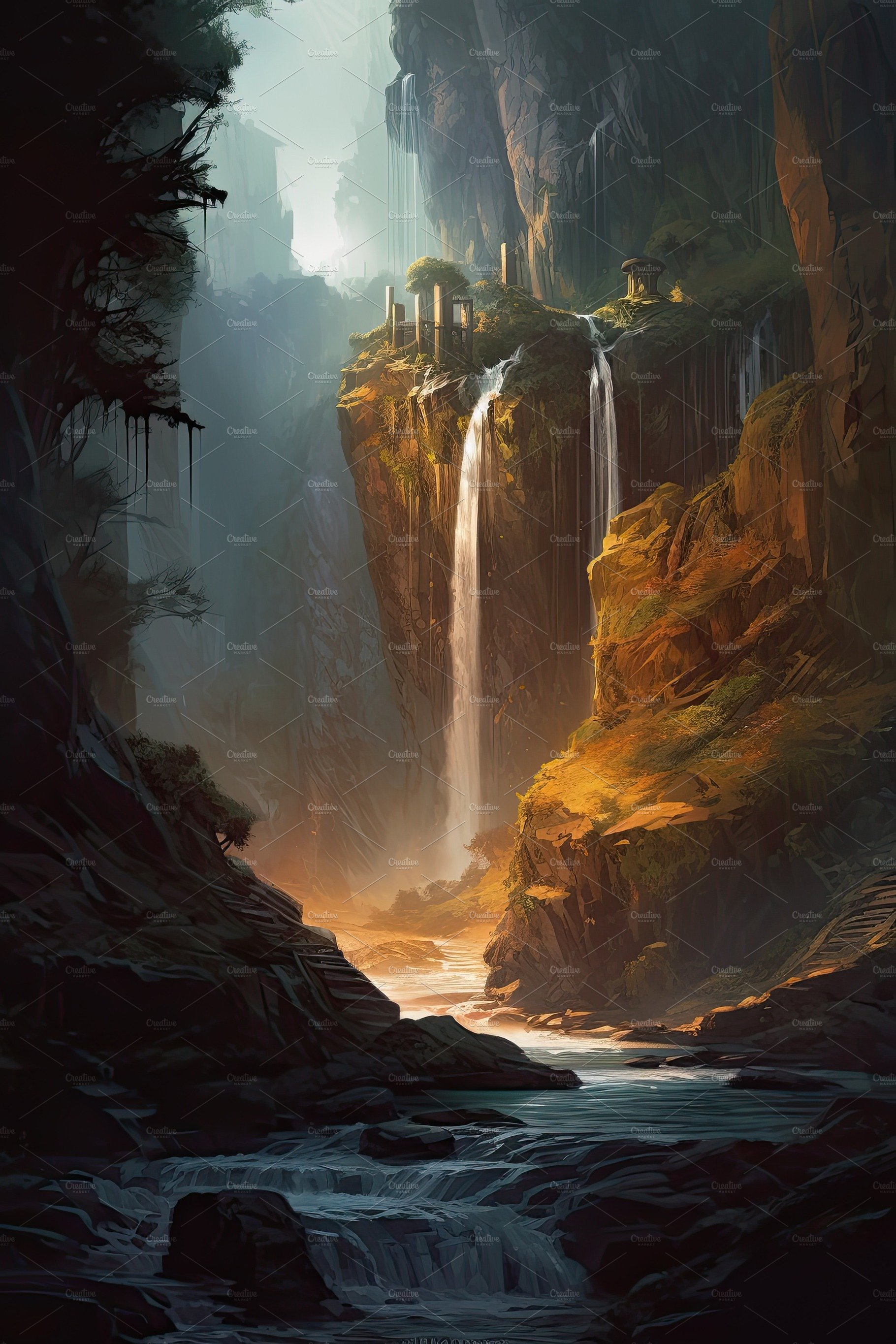 Beautiful vertical landscape with tall mountains, waterfall and a river. Ge... cover image.