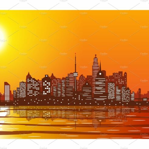 City skyline silhouette at sunset. cover image.