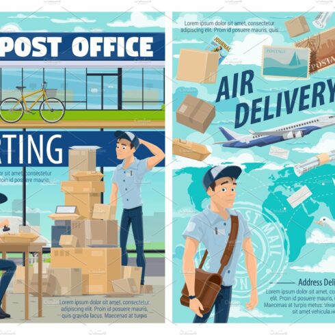Air mail, postman at post office cover image.
