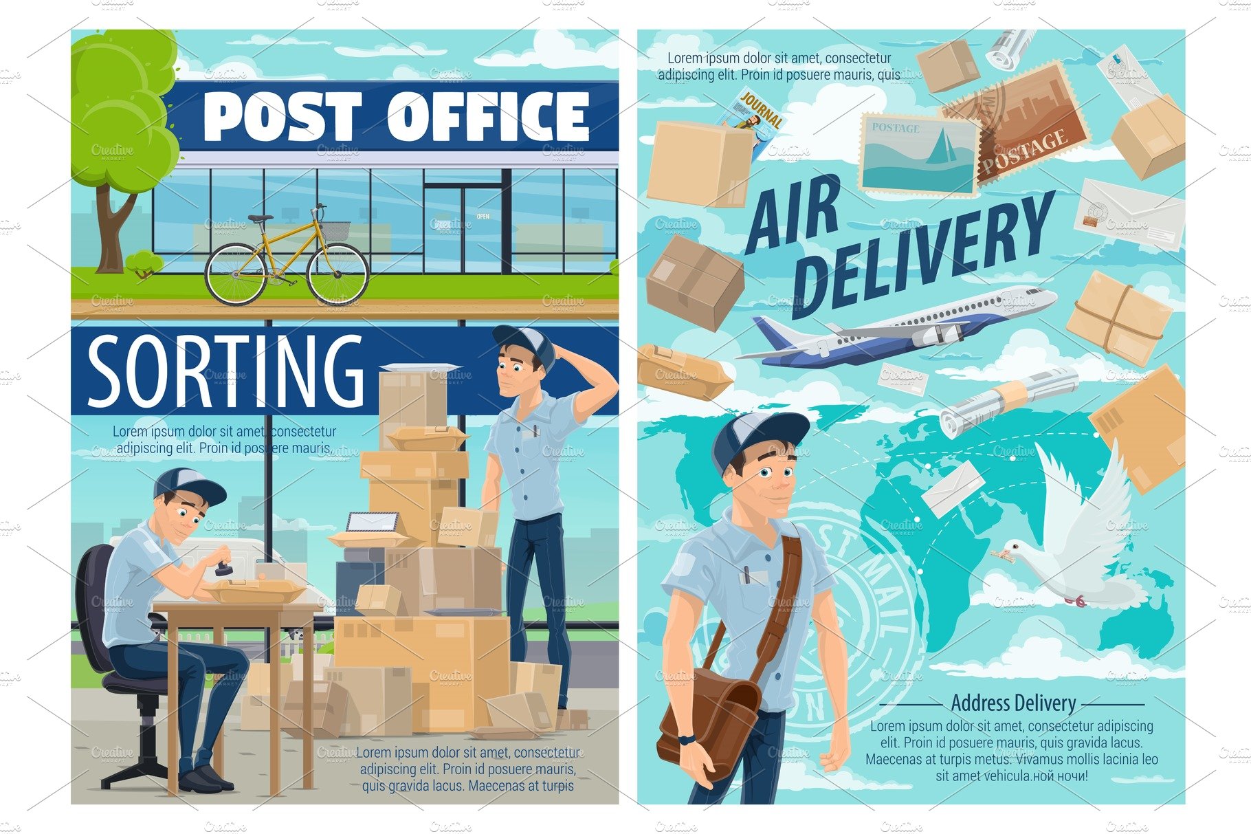Air mail, postman at post office cover image.