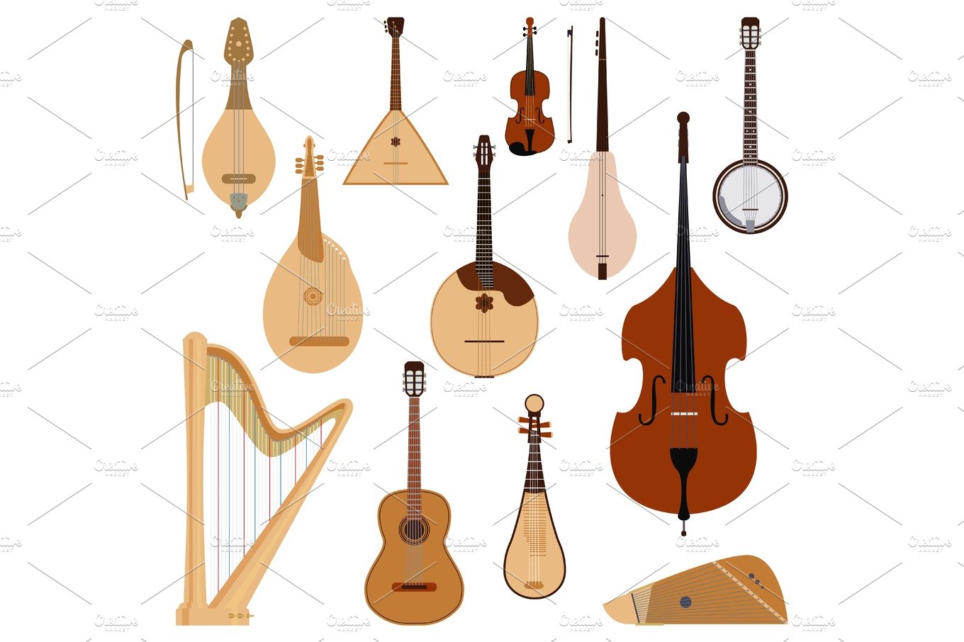 Set of stringed dreamed musical instruments classical orchestra art sound t... cover image.