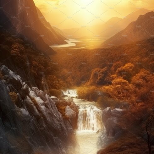 Beautiful vertical landscape with tall mountains, waterfall and a river. Ge... cover image.