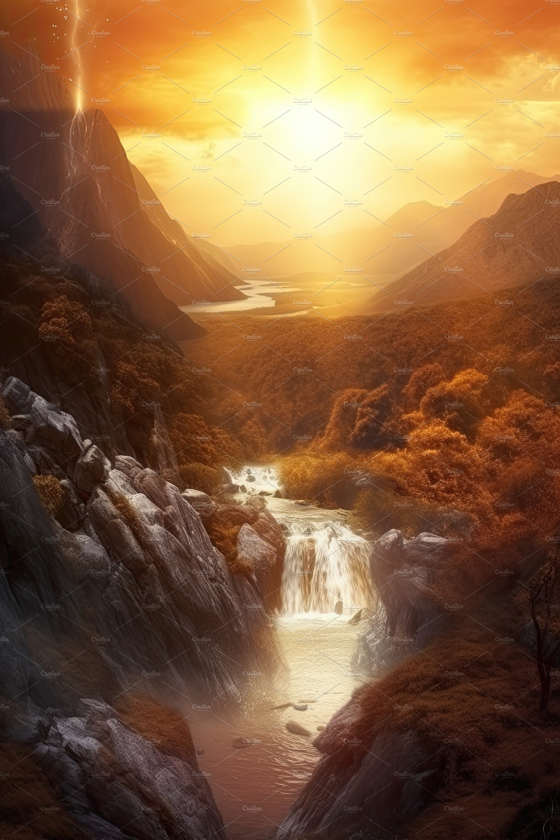 Beautiful vertical landscape with tall mountains, waterfall and a river. Ge... cover image.