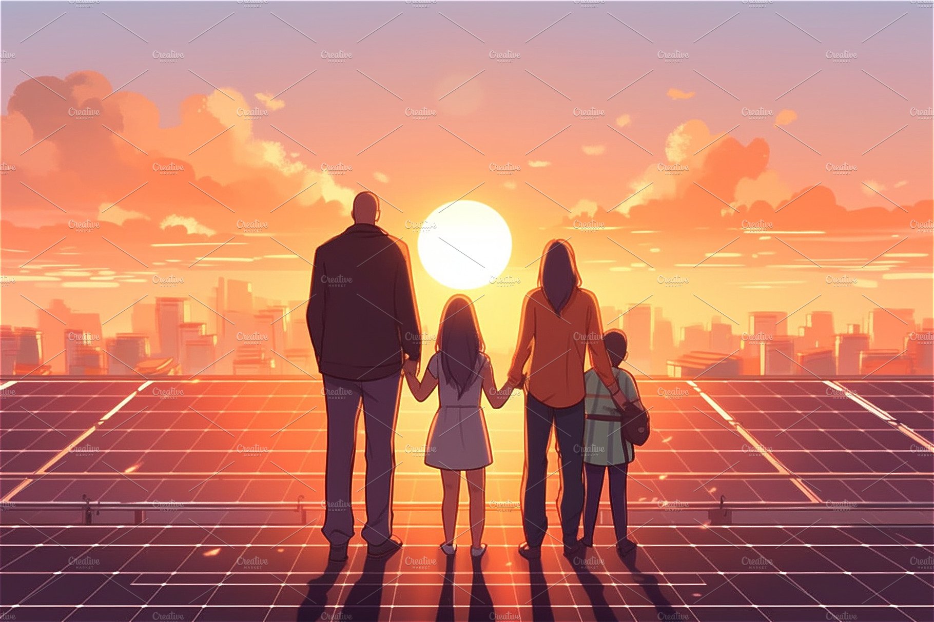 Cartoon illustration of family and solar panels in sunset. Gener cover image.