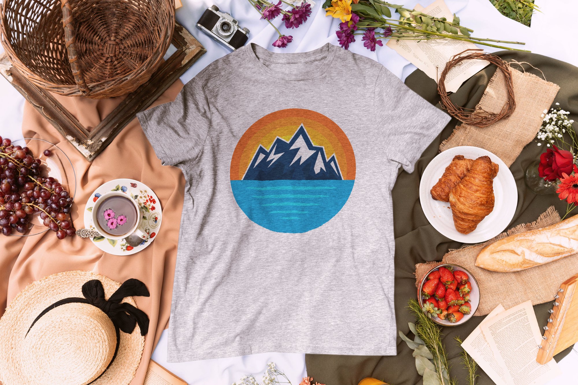 t shirt on blanket and cottagecore elements mockup 2000x1334 618