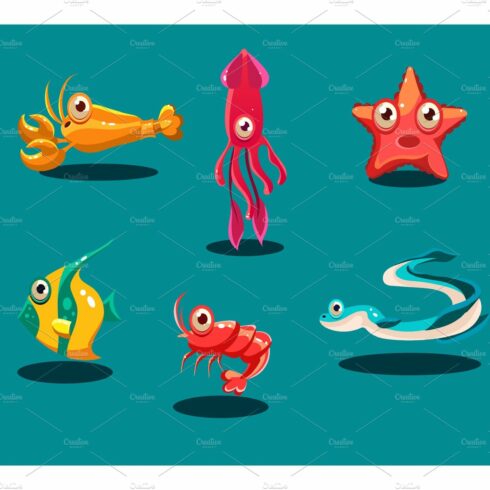 Sea creatures set, cute funny cover image.