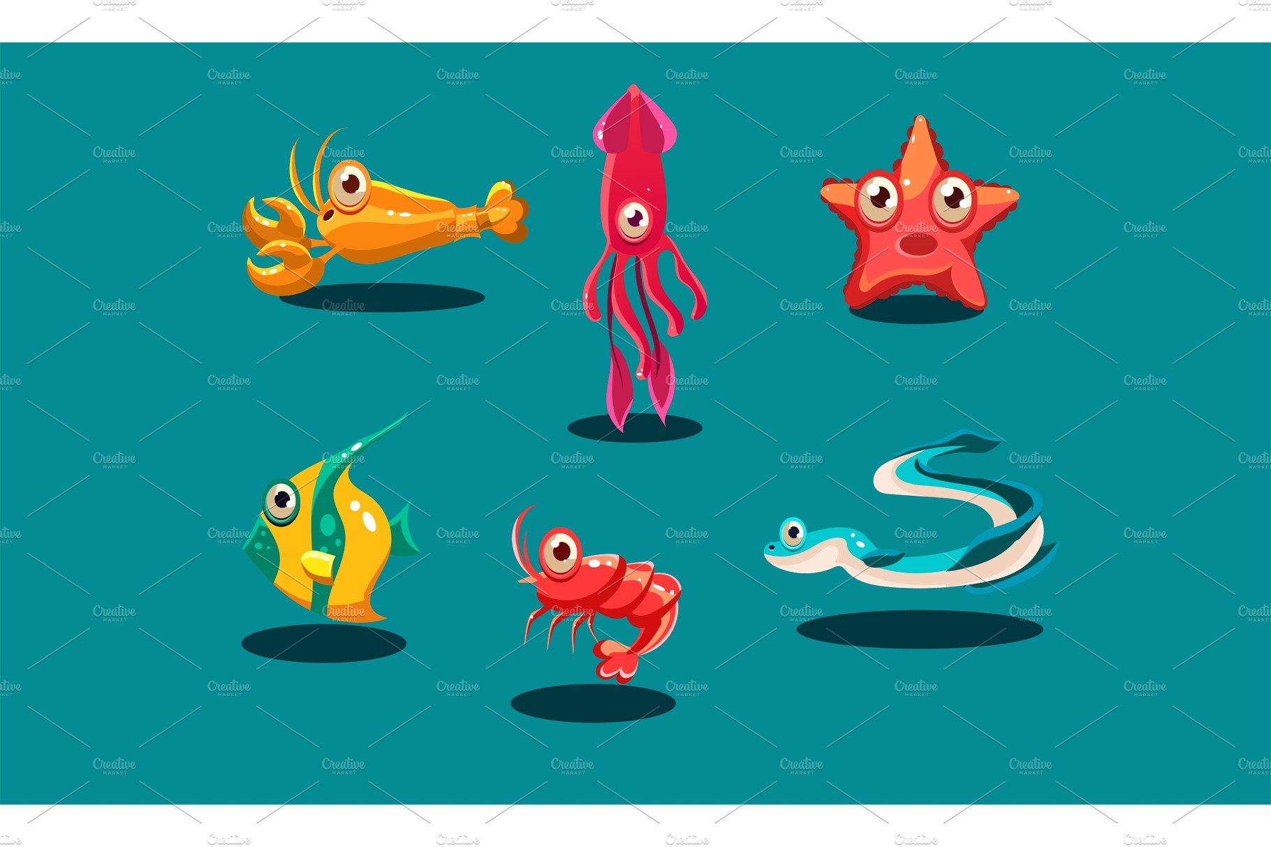 Sea creatures set, cute funny cover image.