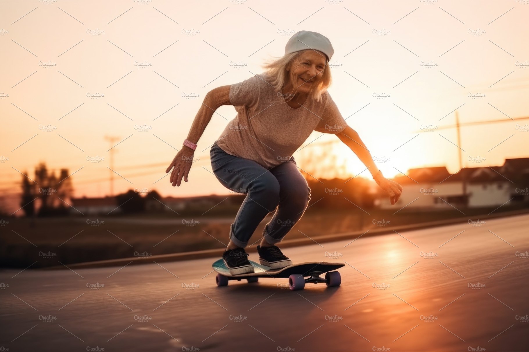 Senior woman skateboarding at sunset cover image.