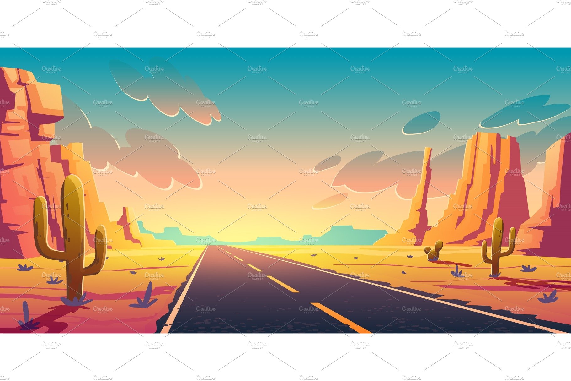 Sunset in desert with road, cactuses cover image.