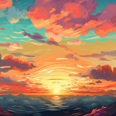 Illustrated sky with clouds, sun, stars, and sunrise or sunset. cover image.