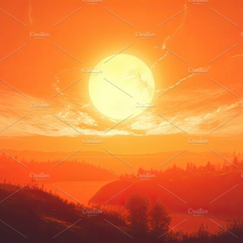 Hot sunset with a red sun on the background in the summer. Generative AI cover image.