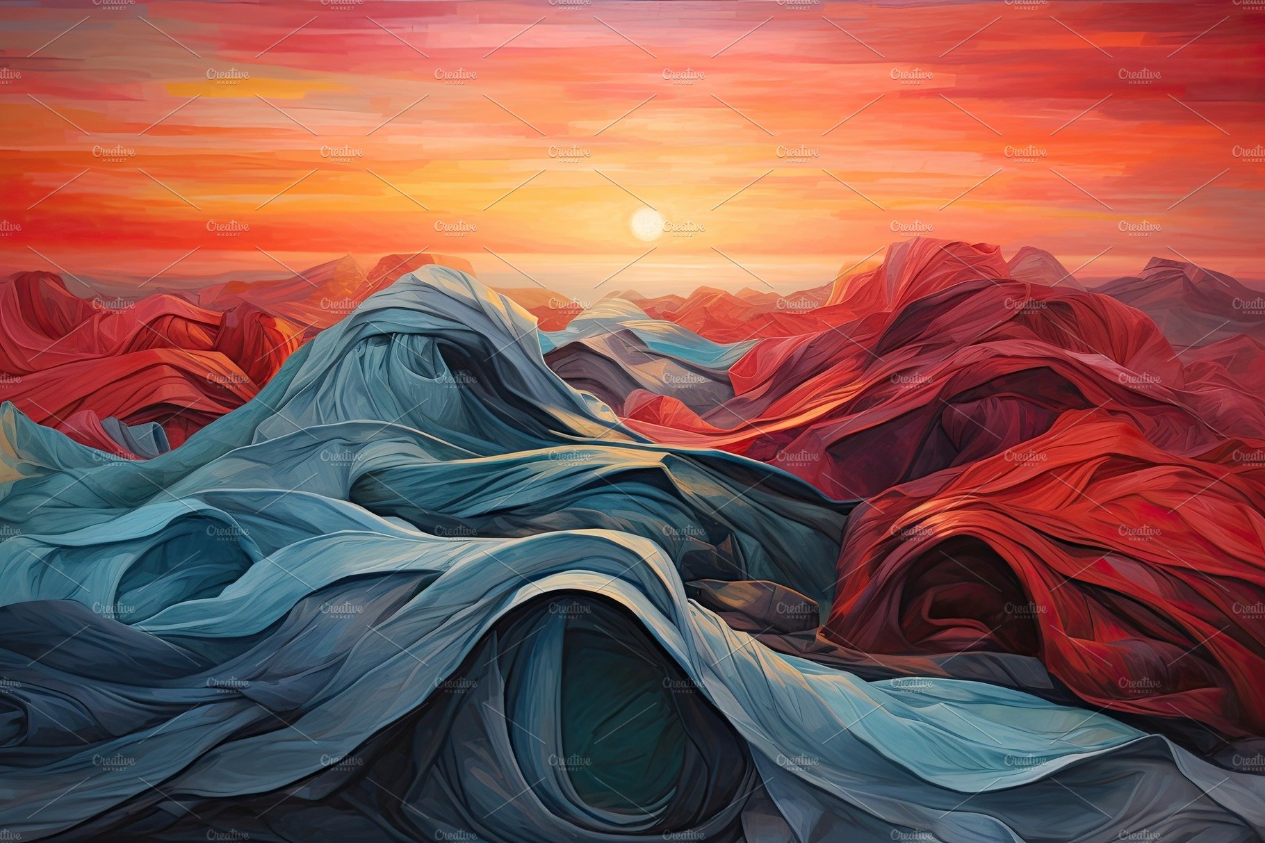 Colorful cloth weaved abstract painting over a sunset background cover image.