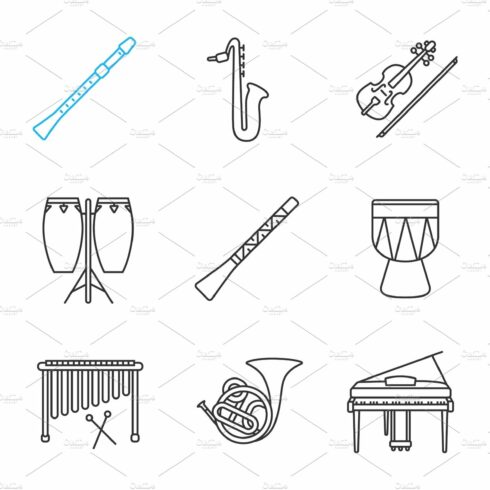Musical instruments linear icons set cover image.