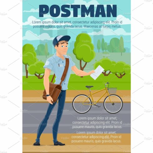 Postman with mail, letter and bike cover image.
