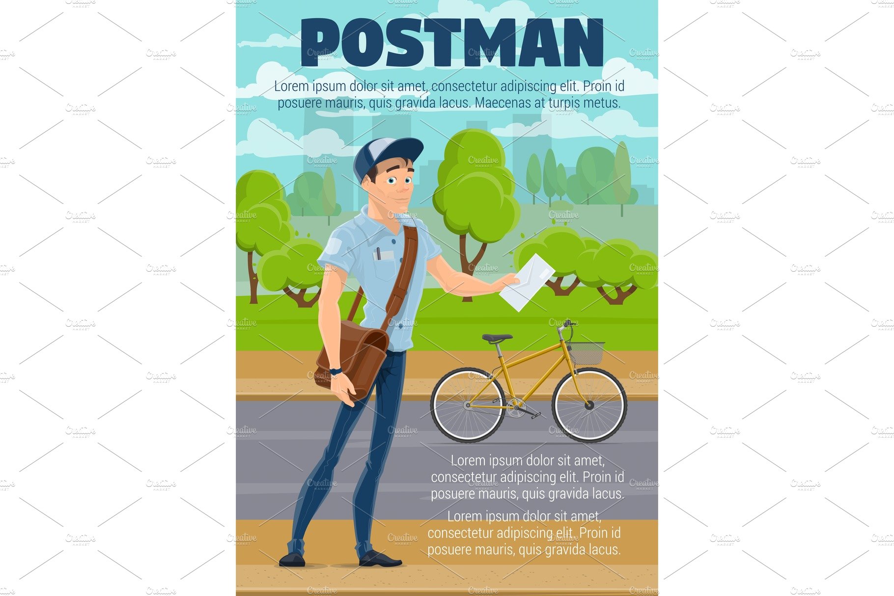 Postman with mail, letter and bike cover image.
